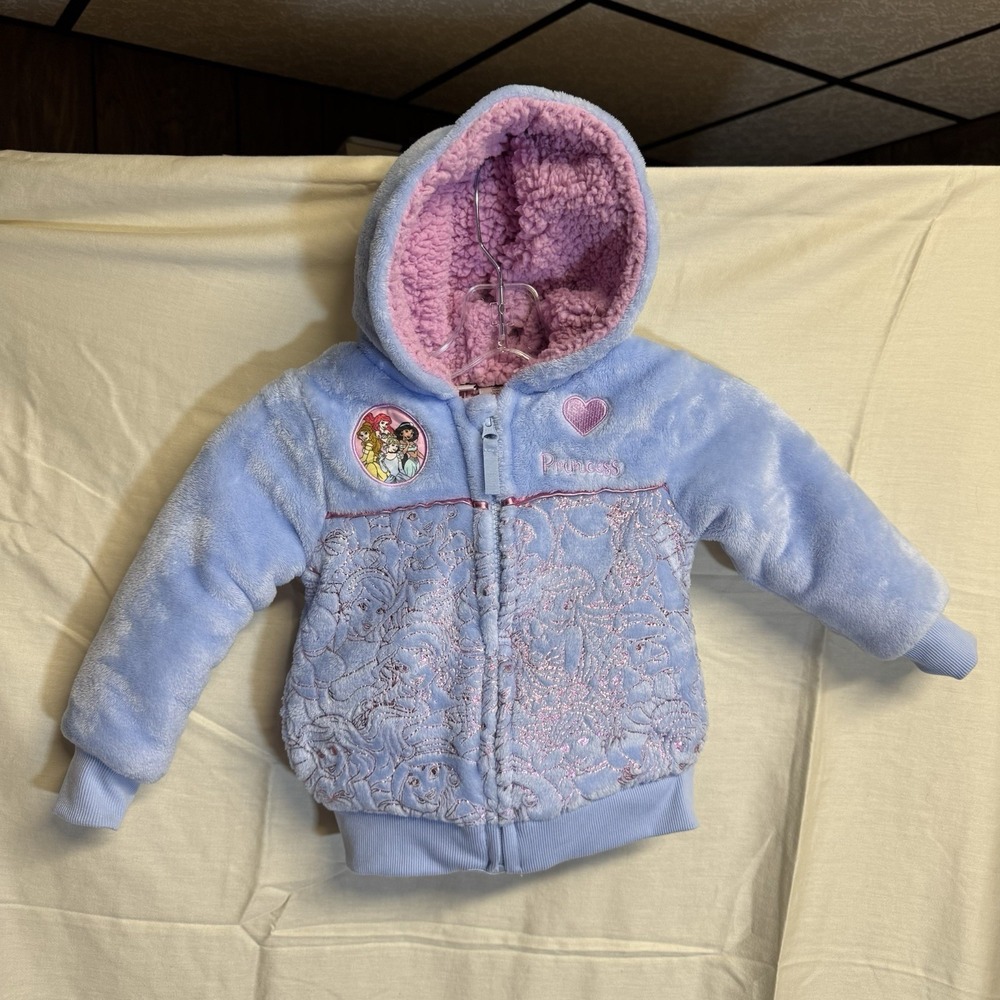 Disney Princess Girls Hoodie Blue Pink Foil Plush Full-Zip Sherpa Line Jacket 3T